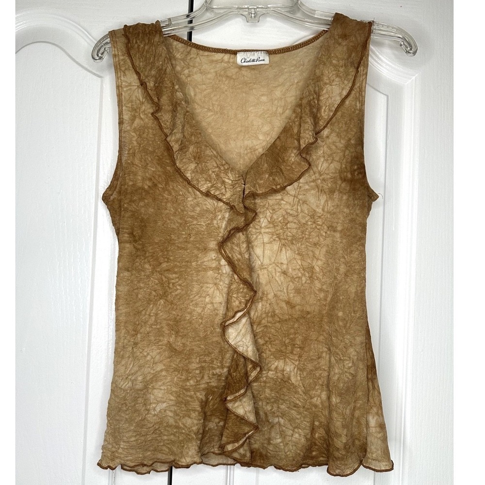 Charlotte Russe Y2K Brown Tie Dye Sheer Mesh Ruffle V Neck Top Whimsigoth